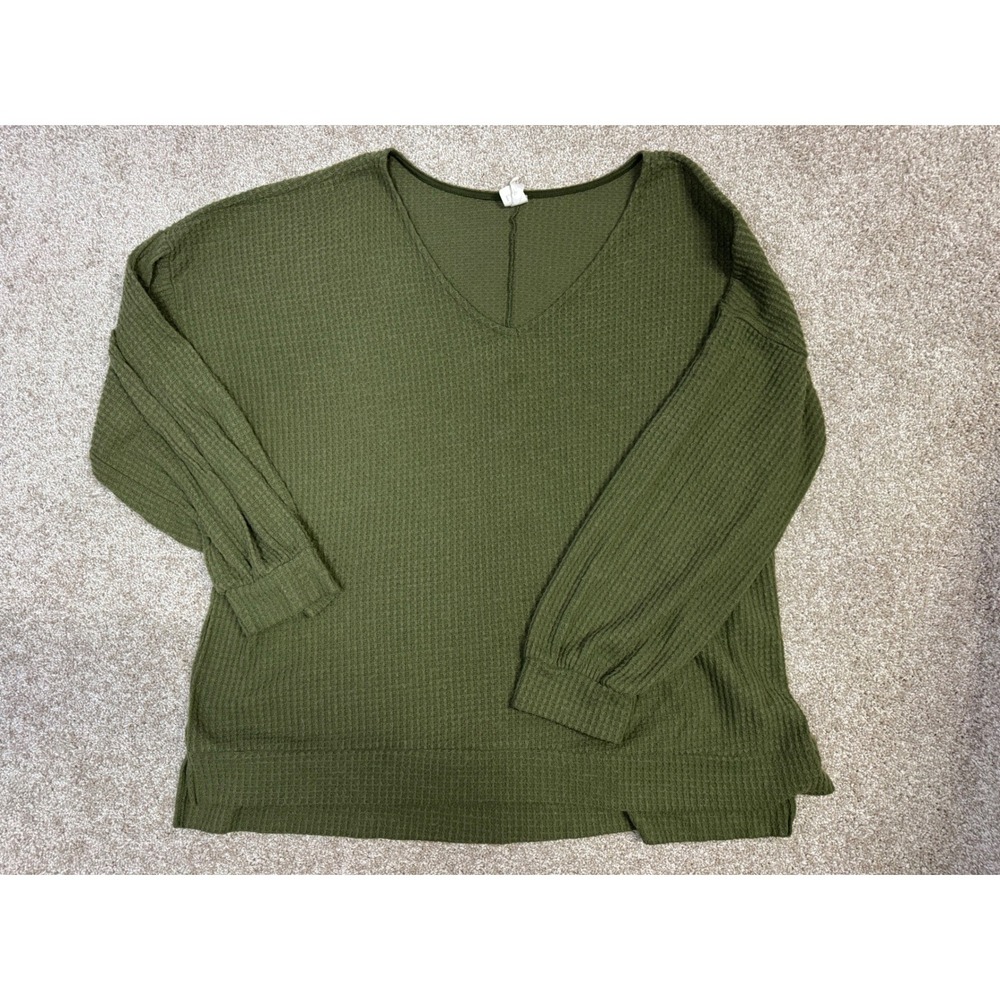 Sew In Love Olive Green Waffle Knit V-Neck Top Plus Size 3X Long Sleeve Thermal